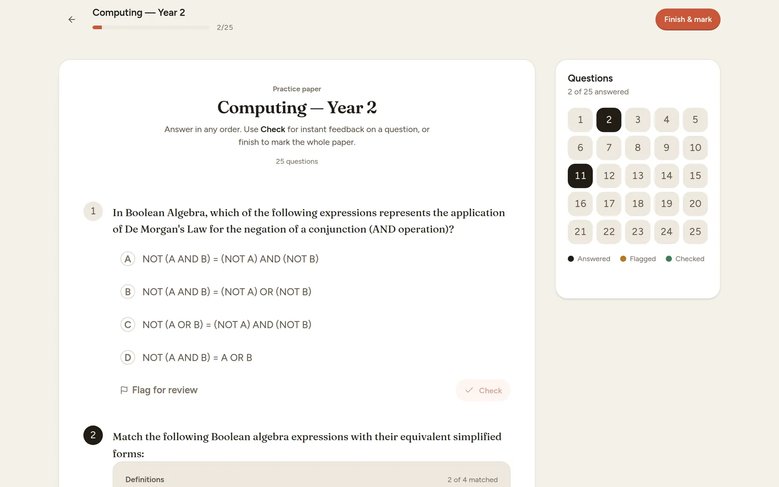 A paper practice session in Novari with questions and answer controls