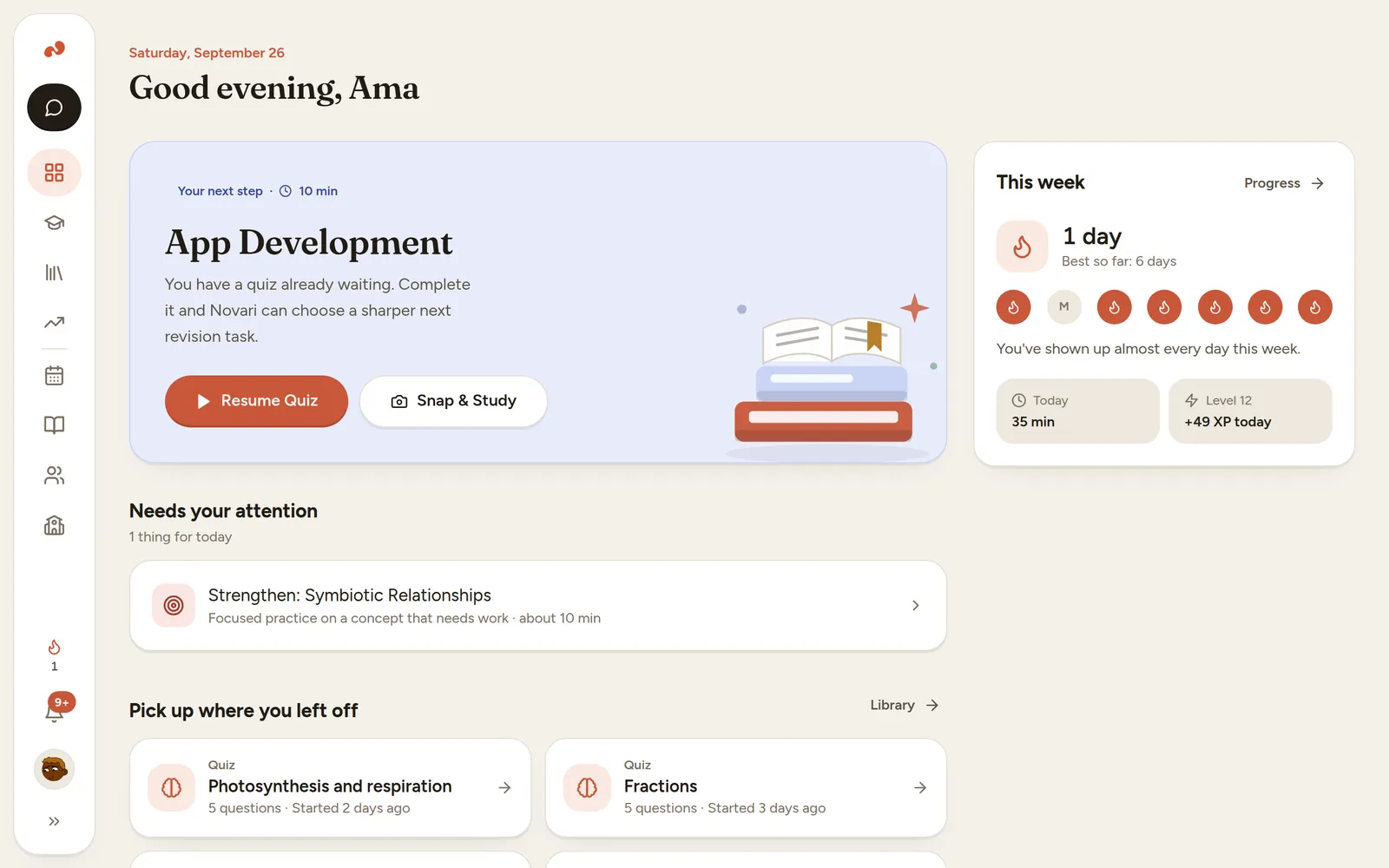 Novari Today page with a suggested study mission and study activity